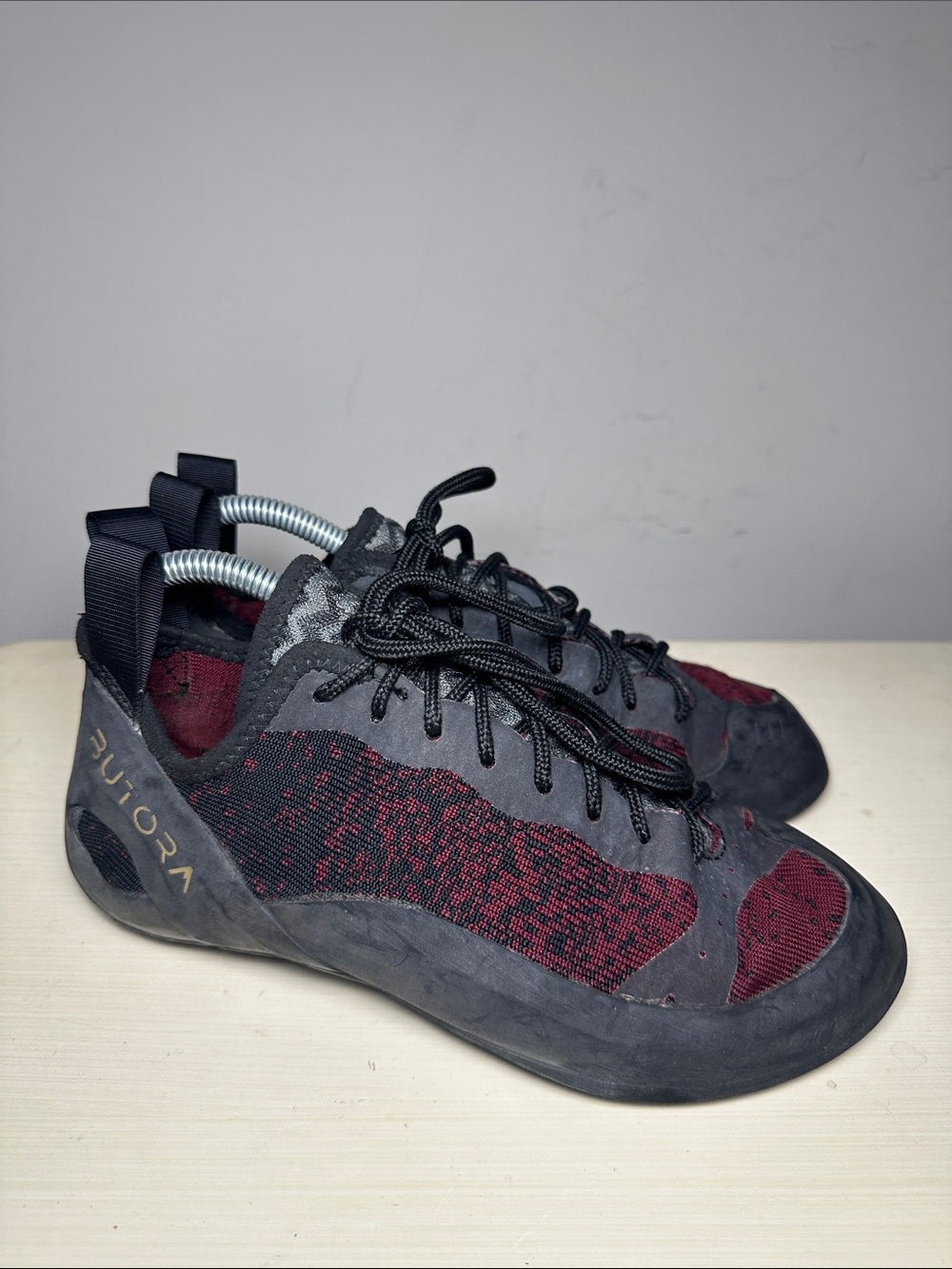 Butora maroon with gray and black rock climbing shoes
